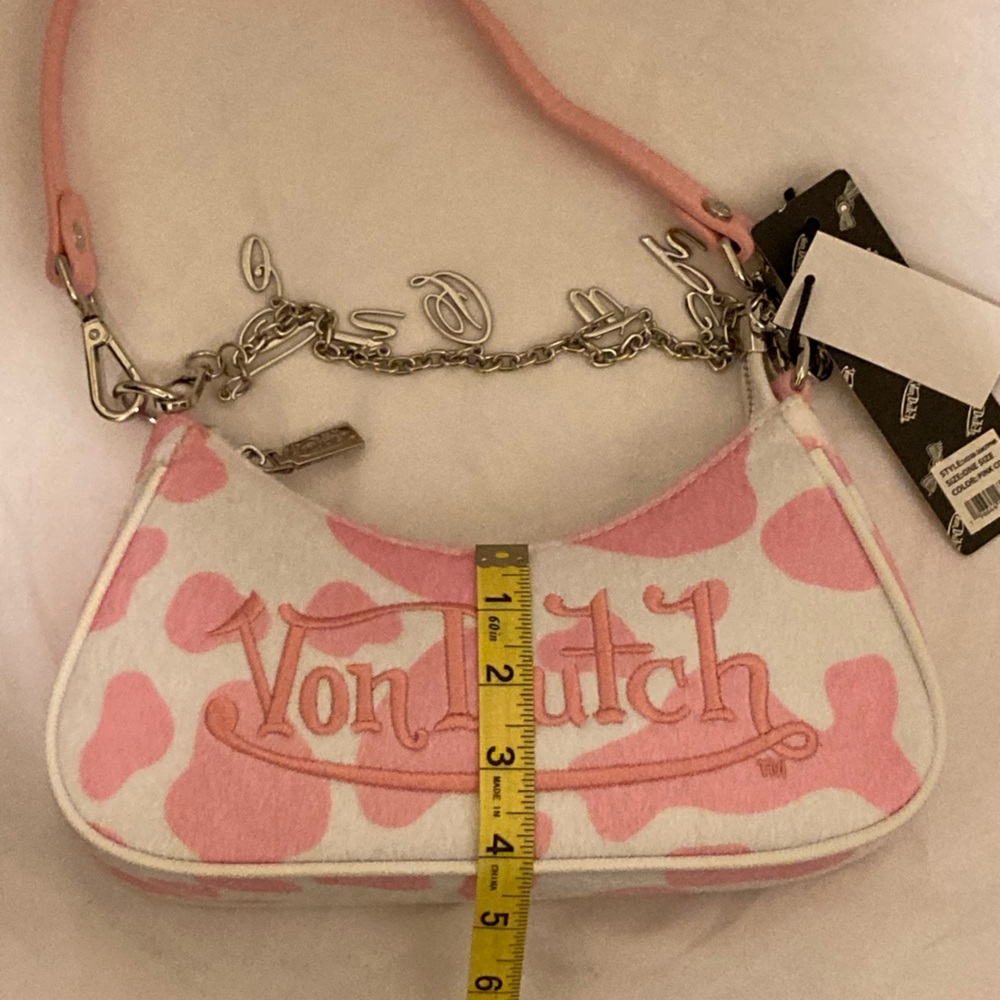 Von Dutch Vegan Pony Hair Pink Cow Print Shoulder Bag W/Charms - Picture 10 of 11